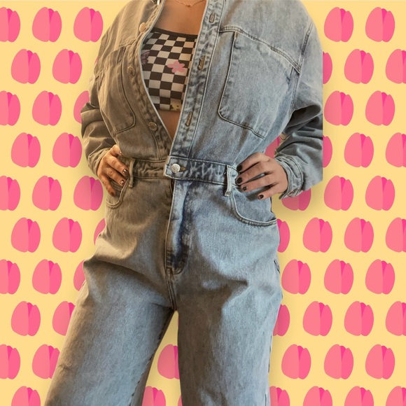 PrettyLittleThing Denim Jumpsuit RARE size 10US/14UK One Piece Romper Jean - Picture 3 of 7